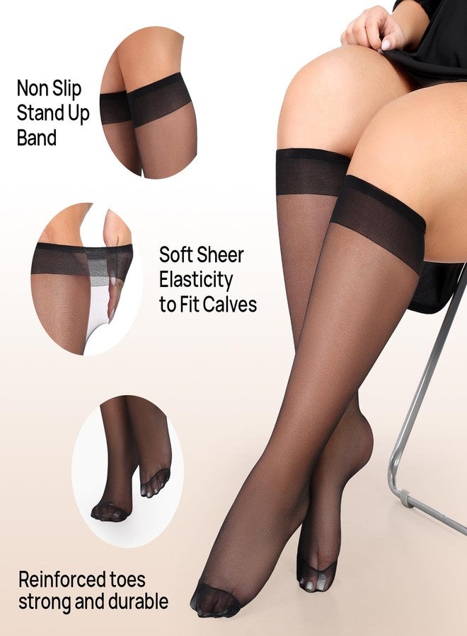 MANZI 10 Pairs Plus Size Knee High Stockings for Women 15D Sheer Nylons Socks with Wide Calf, Natural and Black - Image 4